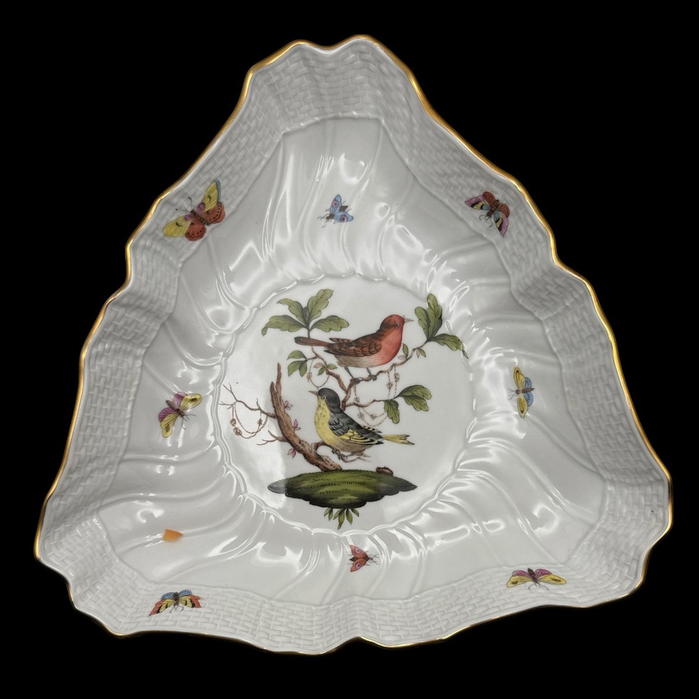 Herend Rothschild White Triangular Hand Painted Bowl Birds Butterflies Hungary